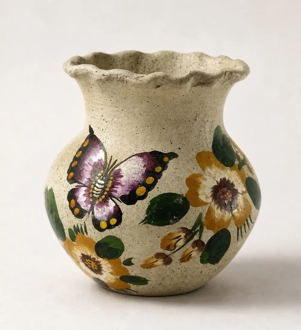 Vintage Hand Painted Pottery Vase Butterfly Floral Folk Art Scalloped Rim 6”